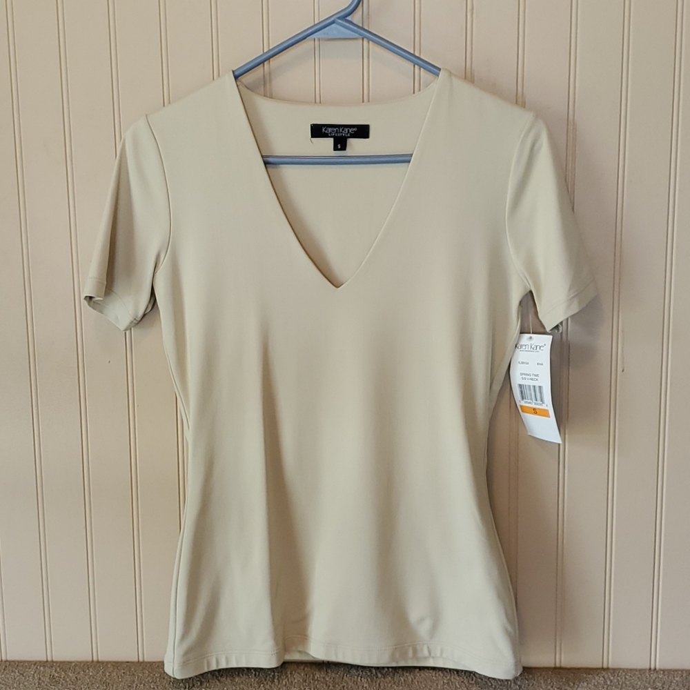 NWT Karen Kane blouse small tan beige v-neck